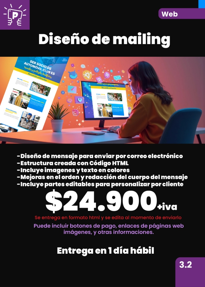 DISEÑO DE MAILING HTML PERSONALIZADO
Ideal para promociones, lanzamientos o comunicacion...